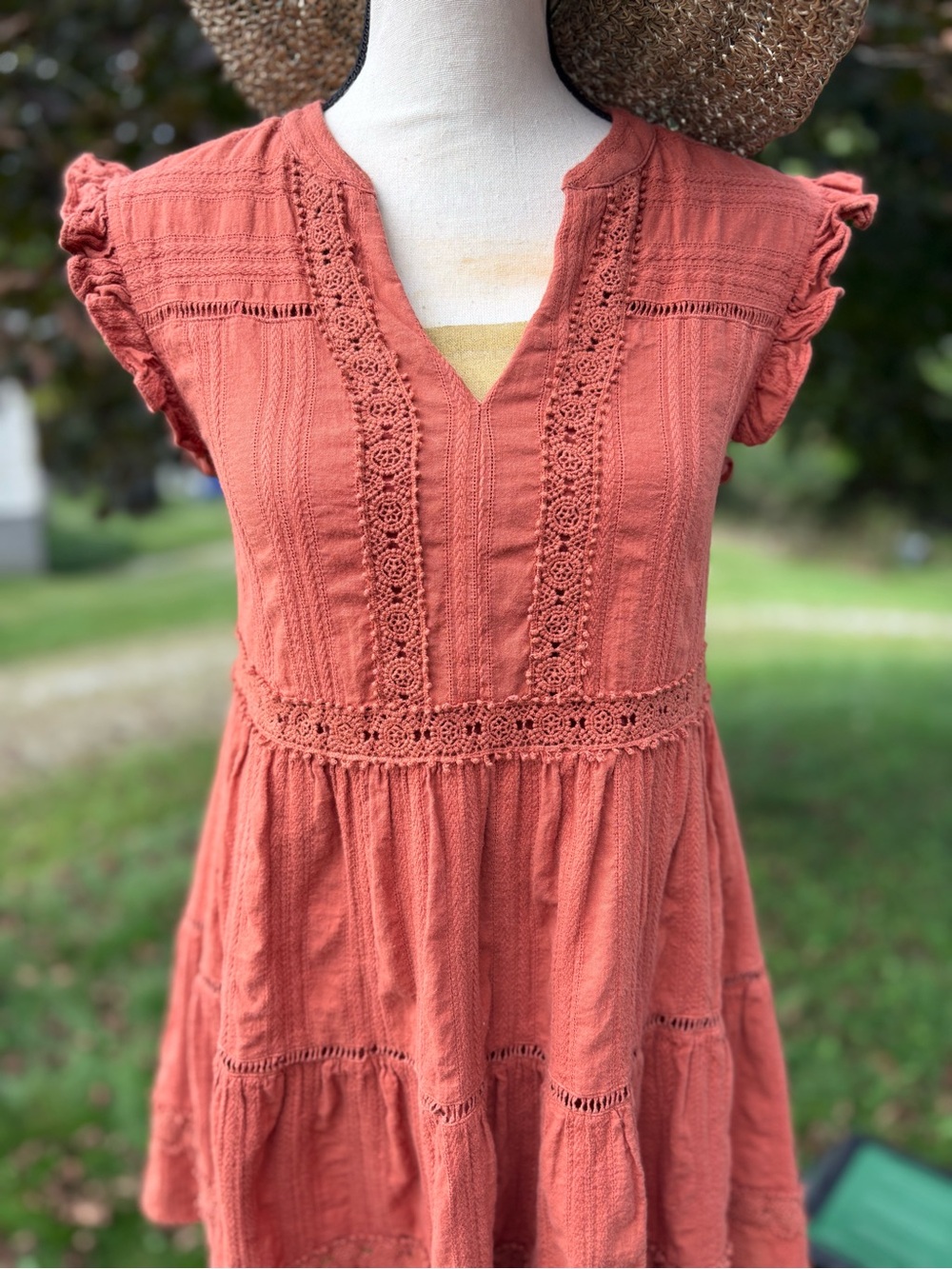 ALTAR’D STATE Rustic Crochet Trim Tiered Mini Dress size XS